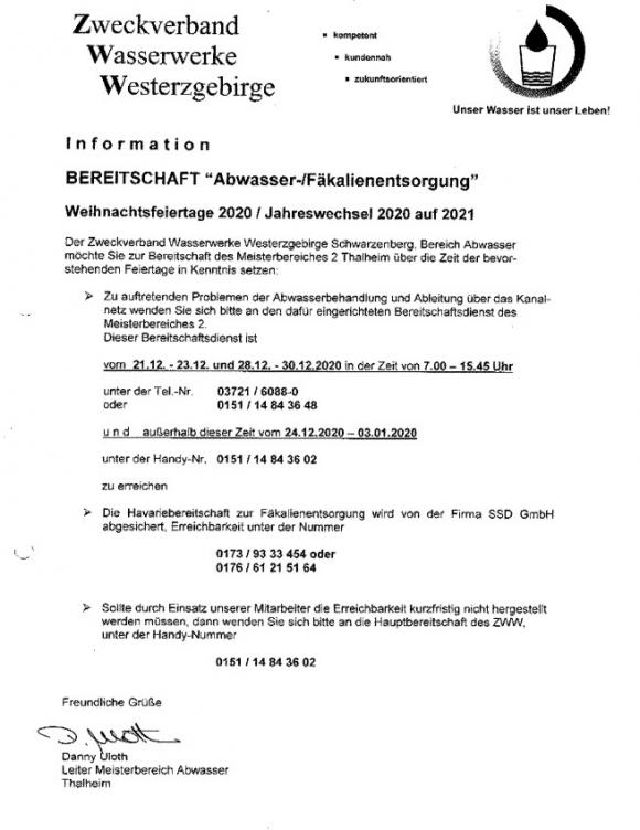 ZWW, Bereitschaft Weihnachten und Jahreswechsel